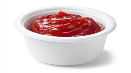 Thick and smooth ketchup sits in a small white cup, perfect for fries or burgers. The rich red color invites a taste of tangy sweetness, ideal for enhancing meals.の素材