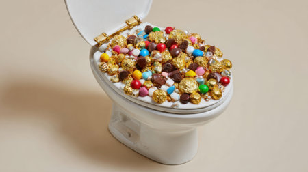 A quirky art piece displays a toilet filled with colorful candies. The mix includes chocolates and gummies, creating a humorous contrast with the ordinary item, highlighting creativity in art.の素材