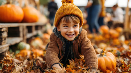 A cheerful young boy smiles while crouching in colorful autumn leaves at a pumpkin patch. Surrounding him are vibrant pumpkins and the joyful spirit of fall.の素材