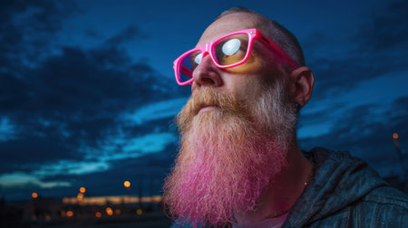 A man stands outside during twilight, sporting a striking pink beard and colorful sunglasses. The city lights twinkle in the background against a deep blue sky.の素材