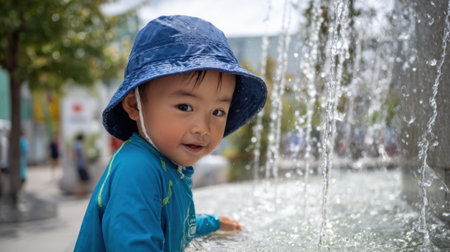 A cheerful child with a blue hat splashes water in a fountain at a park. Families can be seen enjoying the sunny day in the background, making it a lively atmosphere.の素材
