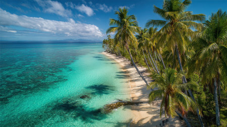 Clear turquoise water gently lap against a sandy beach lined with tall palm trees, creating a perfect tropical paradise under a bright blue sky.の素材