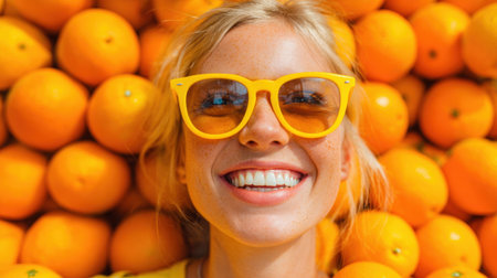 A woman with blonde hair and freckles smiles brightly while lying on a pile of oranges. She wears yellow sunglasses and a cheerful outfit, enjoying a sunny day.の素材
