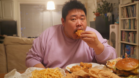 A person in a cozy living room indulges in a delicious meal featuring fried chicken, a burger, and fries. The scene captures the joy of home dining in a comfortable atmosphere.の素材