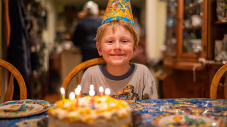 A young boy smiles brightly while sitting at a table decorated for his birthday. He wears a party hat and is surrounded by cake and plates. Candles are lit on the cake, creating a festive atmosphere.の素材
