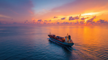 A large cargo ship sails smoothly across deep blue waters as the sun sets, casting colorful hues across the sky. The tranquil scene captures the essence of maritime transport at dusk.の素材