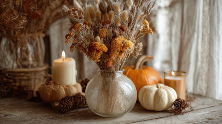 A lovely features display a glass vase filled with dried flowers in warm autumn colors. Nearby, candles and decorative pumpkins create a cozy fall atmosphere by the window.の素材