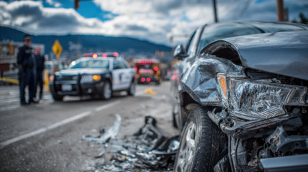 A damaged car is seen on a city street after a serious accident. Police and emergency vehicles are present, managing the aftermath in clear daylight with a cloudy sky in the background.の素材