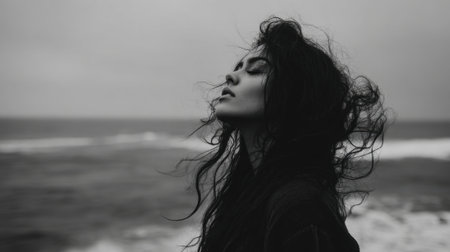 A woman stands at the shoreline, her hair blown by the wind. The ocean waves crash behind her as dark clouds fill the sky, creating a dramatic backdrop.の素材