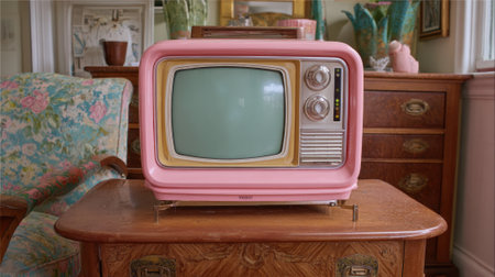 A charming pink vintage television stands on a wooden table in a cozy living room. Surrounding it are floral patterned furniture and nostalgic decorations, evoking a sense of warmth and nostalgia.の素材