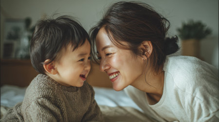 A mother smiles lovingly as she engages with her young child in a cozy living space. They share a genuine moment of laughter and happiness, creating a heartwarming atmosphere.の素材