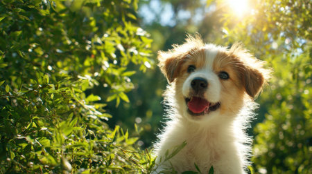 A cheerful puppy with fluffy fur enjoys a sunny afternoon in the park, surrounded by vibrant green leaves and soft light filtering through the trees.の素材