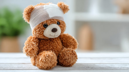 A soft brown toy bear with a bandage on its head sits on a shelf in a well-lit room. The bear looks inviting and comforting, representing love and healing for children.の素材