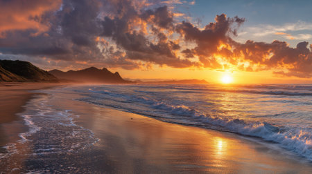 A stunning sunset lights up the sky above a peaceful beach. Waves roll softly onto the sand as the day comes to a close, creating a serene atmosphere.の素材