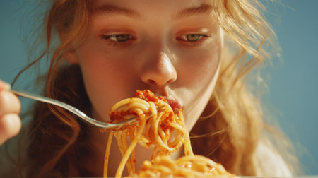 A young girl savors spaghetti with rich tomato sauce, twirling the noodles on her fork. She enjoys her meal in a bright outdoor setting, capturing the joy of eating.の素材