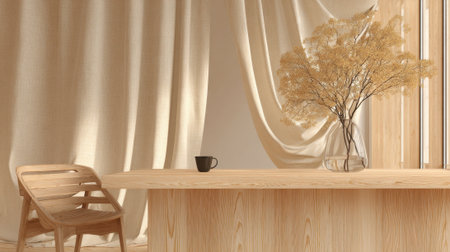A bright, minimalist room features a wooden table and chair. A simple black cup sits on the table, complemented by decorative branches in a glass vase. Soft curtains add warmth.の素材