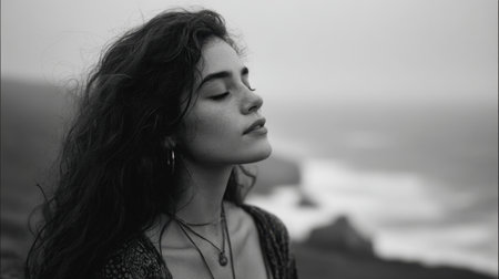 A woman stands by the shore, eyes closed, savoring the fresh ocean air. Waves crash gently in the background as clouds gather overhead, creating a serene atmosphere.の素材