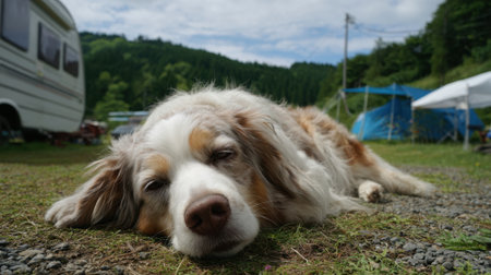 A dog lies comfortably on the grass, soaking up the sun at a camping site. Tents and a trailer are set up nearby, surrounded by green hills. It's a peaceful day outdoors.の素材
