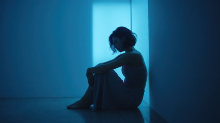 A woman sits on the floor in a peaceful corner, illuminated by soft blue light. She deep appears in thought, enjoying a serene moment in a minimalist setting.の素材