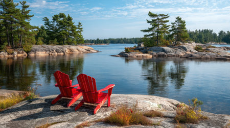 Two red chairs sit on smooth rocks beside a calm lake, surrounded by green trees and blue skies. The serene atmosphere invites relaxation and nature appreciation.の素材