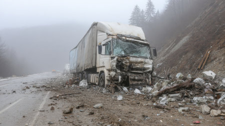 A heavy truck is badly damaged, sitting on a foggy mountain road. Debris and rubble are scattered around the vehicle, indicating a serious accident on a challenging route.の素材