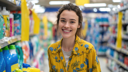 A smiling young woman stands in a supermarket aisle, selecting cleaning products. Shelves lined with various colorful items create a vibrant shopping atmosphere.の素材