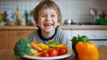 A cheerful young boy smiles widely as he sits at a kitchen table filled with fresh vegetables. Colorful greens, tomatoes, and peppers surround him, showcasing a healthy meal option.の素材