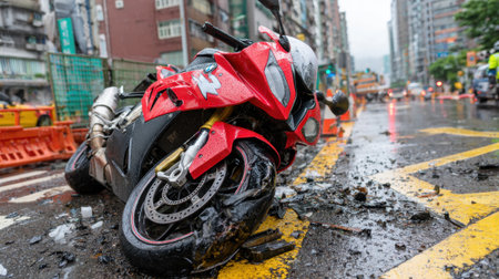 A red motorcycle lies on its side on a wet road surrounded by construction barriers. Rain falls as city traffic moves by in the background. The scene captures the aftermath of an accident.の素材