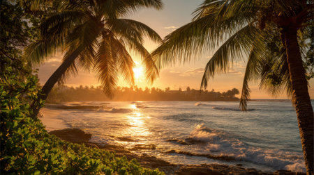 Waves crash gently against the rocks as the sun sets on the horizon. Palm trees frame the scene while warm light reflects off the water, creating a serene atmosphere.の素材