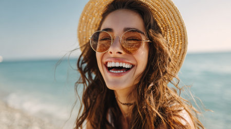 Sunshine illuminates a woman with wavy hair as she smiles broadly while sitting on a sandy beach. She wears round sunglasses and a straw hat, embodying happiness on a warm summer day.の素材