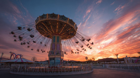 Swings of a carnival ride move gracefully against a stunning sunset sky filled with orange and purple clouds. The amusement park buzzes with excitement as night falls.の素材