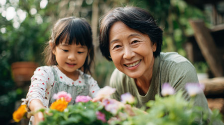 A joyful grandmother and her young granddaughter are planting colorful flowers in a vibrant garden. They enjoy their time together under the warm sun, sharing smiles and laughter.の素材