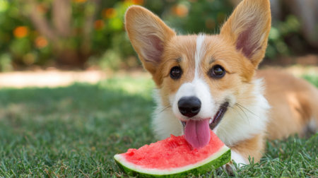 A playful corgi puppy lies on lush green grass while happily chewing on a slice of bright pink watermelon under warm sunlight in a garden setting.の素材