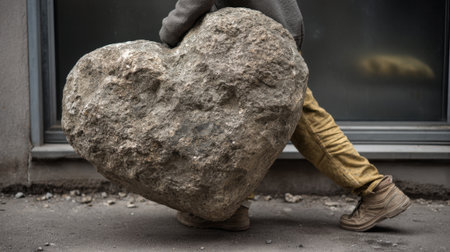 A person with gray clothing lifts and moves a huge heart-shaped rock along a city sidewalk. The scene captures bright daylight and an urban environment.の素材