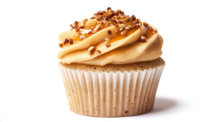 A freshly baked caramel cupcake sits on a clean surface. Its smooth frosting is topped with crunchy pieces, making it an appealing dessert choice for any occasion.の素材