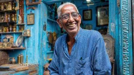 A joyful elderly man sits outside his shop in a colorful market filled with various decorative items. His bright smile adds warmth to the lively atmosphere of the bustling street.の素材