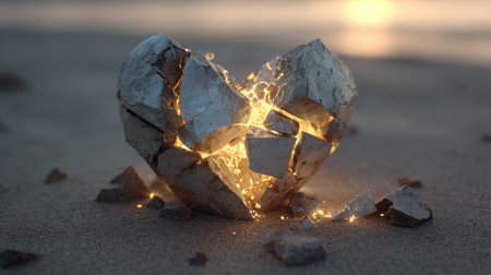 A heart-shaped sculpture made of cracked stone rests on the sandy beach. It glows with warm light, casting an intriguing reflection during sunset, creating a captivating scene.の素材