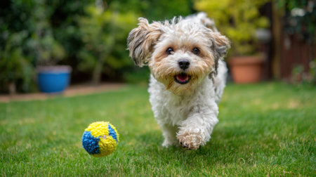 Small fluffy dog enjoys playing in the backyard, happily running towards a bright blue and yellow ball on a sunny day surrounded by greenery.の素材