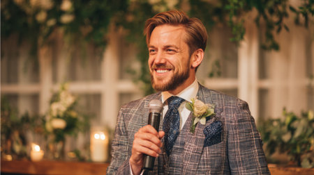 A groom is smiling as he delivers a heartfelt speech during his wedding reception. The elegant venue is decorated with lush greenery and soft candlelight, creating a warm atmosphere.の素材