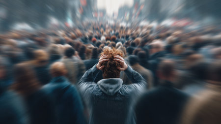 In a busy urban area, a person stands with hands on their head, surrounded by a sea of people. The atmosphere feels hectic and chaotic as the crowd moves in various directions.の素材