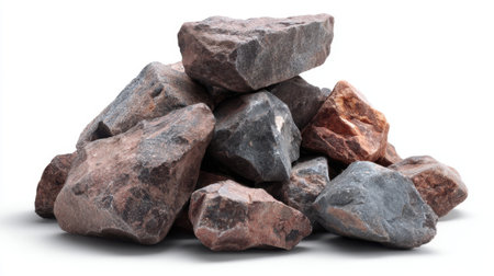 A collection of different types of rocks in shades of gray and brown, arranged in a natural pile, highlighting their unique textures and colors against a bright background.の素材