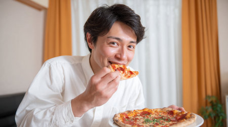 A young man smiles happily while holding a slice of pizza in his hand. He sits at home, surrounded by warm curtains, enjoying a relaxed afternoon meal.の素材