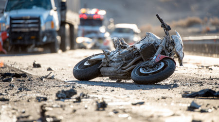 A motorcycle lies abandoned on a highway after a serious accident, surrounded by debris and emergency vehicles in the background. The scene is chaotic and somber.の素材