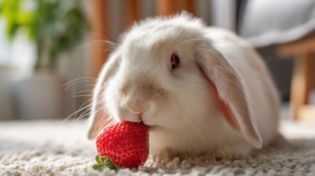 A fluffy white rabbit enjoys a ripe red strawberry while sitting comfortably on a soft surface. The daylight illuminates the room, creating a cozy atmosphere.の素材