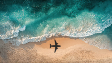 An airplane casts its shadow over a sandy beach where the waves crash gently. The scene shows bright blue water meeting the shore on a clear day, creating a tranquil coastal view.の素材