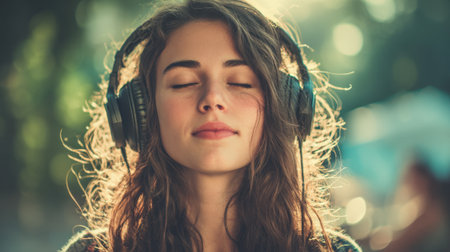 A young woman with long hair is listening to music with large headphones. She appears and relaxed content, enjoying a sunny afternoon outdoors with soft light surrounding her.の素材