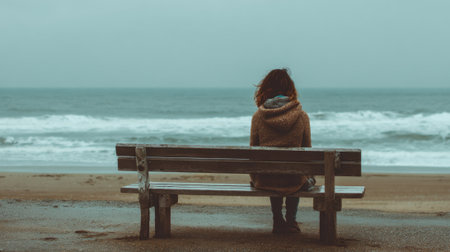 A person sits alone on a beach bench, gazing at the rolling waves of the sea under overcast skies. The scene conveys a sense of peace and reflection in nature.の素材