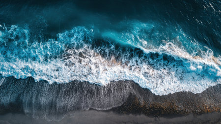 The ocean waves crash gently onto the sandy shore, creating a beautiful contrast with the deep blue water. Sunset colors illuminate the scene, adding calmness.の素材