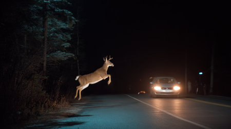 A deer leaps into the air as a car approaches on a dimly lit road surrounded by trees at night, highlighting the dangers of wildlife crossing.の素材