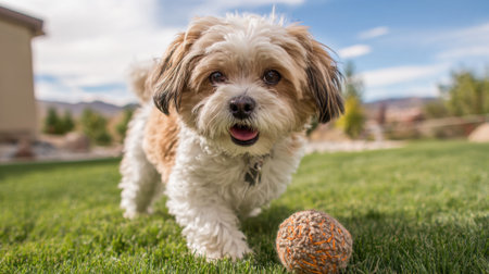 A cheerful small dog with fluffy fur runs towards a colorful ball in a lush green backyard. Bright blue skies and mountains complete the cheerful scene.の素材